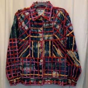 Earth Sea Sky Vtg Colorful Chenille-Embellished Acid Wash Denim Shirt Jacket Lge